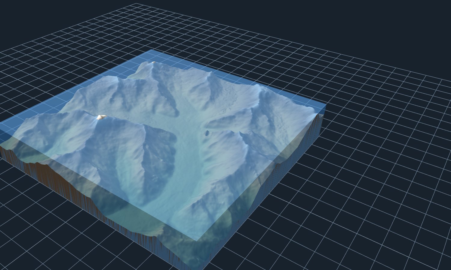 A 3D relief model of the Aletsch glacier area with a translucent blue plane at 4,000 metres covering almost everything except two small summits