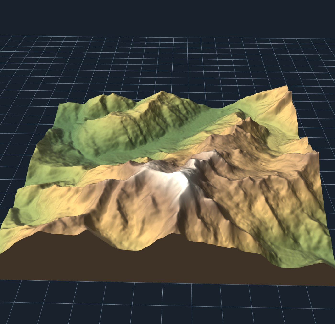 A 3D relief model of the Chamonix valley with the Mont Blanc massif rising steeply above it