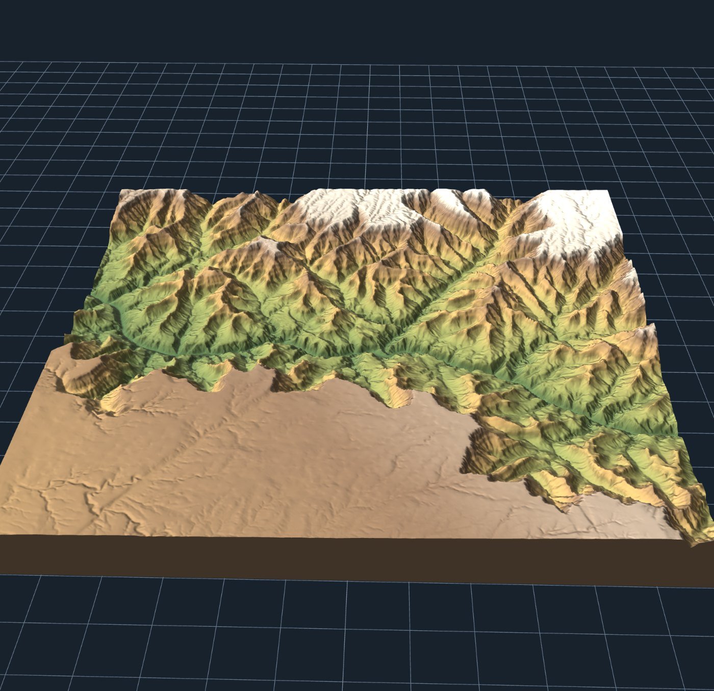 A 3D relief model of the Grand Canyon seen from directly above, the Colorado River and its branching side canyons clearly visible