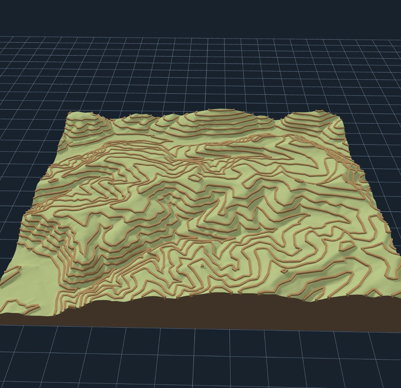 A 3D printable model of ski terrain with raised contour lines following the ridges and bowls