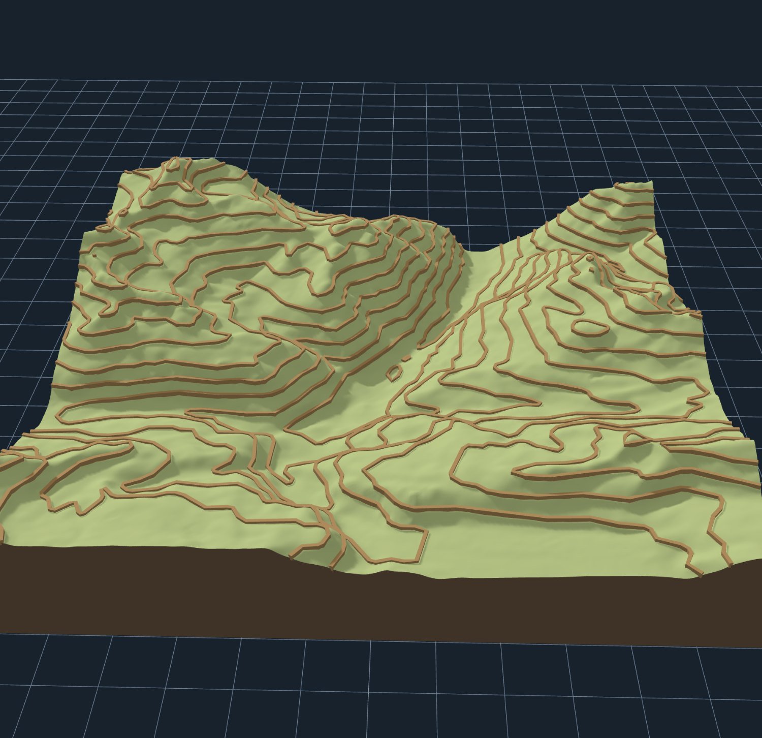 A 3D printable relief model of the Zermatt valley with raised contour lines following the terrain